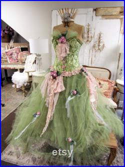 Dress Form Mannequin vintage altered with crown and fancy gown created while on the body using many fabric lace pieces Anita Spero Design