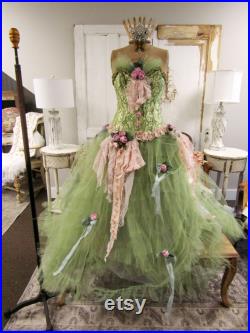 Dress Form Mannequin vintage altered with crown and fancy gown created while on the body using many fabric lace pieces Anita Spero Design