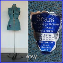 FREE SHIP Sears Mannequin Sewing Dress Form Adjustable Body Sears Roebuck and Co Tall Blue Knit with Metal Base Primitive Chippy Rustic