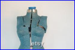 FREE SHIP Sears Mannequin Sewing Dress Form Adjustable Body Sears Roebuck and Co Tall Blue Knit with Metal Base Primitive Chippy Rustic