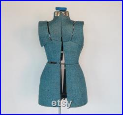 FREE SHIP Sears Mannequin Sewing Dress Form Adjustable Body Sears Roebuck and Co Tall Blue Knit with Metal Base Primitive Chippy Rustic