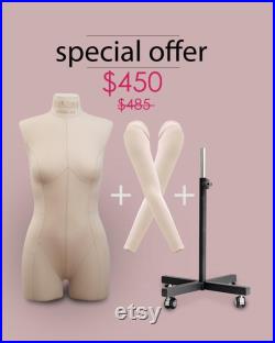 FULL SET of DIANA Soft pinnable dress form with set of arms adjustable metal sturdy rolling stand rotation stabilizer