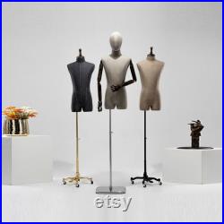 Fashionable Male Mannequin Half Body Male Model,Gray Torso with Wooden Crown Head Cover and Base,Clothing Display Mannequin Torso Dress Form