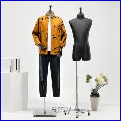 Fashionable Male Mannequin Half Body Male Model,Gray Torso with Wooden Crown Head Cover and Base,Clothing Display Mannequin Torso Dress Form