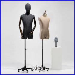 Fashionable Male Mannequin Half Body Male Model,Gray Torso with Wooden Crown Head Cover and Base,Clothing Display Mannequin Torso Dress Form