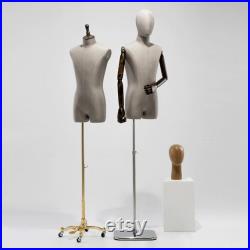 Fashionable Male Mannequin Half Body Male Model,Gray Torso with Wooden Crown Head Cover and Base,Clothing Display Mannequin Torso Dress Form