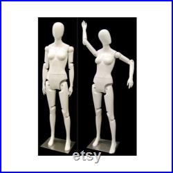 Female Adult Fully Flexible Fiberglass Glossy White Egg Head Mannequin with Articulating Joints Base Included FFXWEG