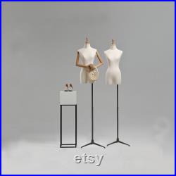 Female Adult mannequin torso with Stand, half body Woman Display Linen Dress Form Adjustable Height,Flexible Wooden Arms for clothing.