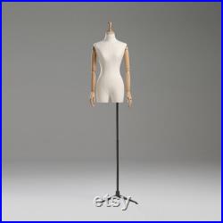 Female Adult mannequin torso with Stand, half body Woman Display Linen Dress Form Adjustable Height,Flexible Wooden Arms for clothing.