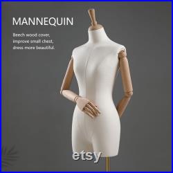 Female Adult mannequin torso with Stand, half body Woman Display Linen Dress Form Adjustable Height,Flexible Wooden Arms for clothing.