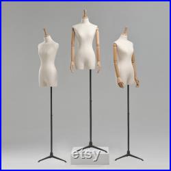 Female Adult mannequin torso with Stand, half body Woman Display Linen Dress Form Adjustable Height,Flexible Wooden Arms for clothing.