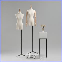 Female Adult mannequin torso with Stand, half body Woman Display Linen Dress Form Adjustable Height,Flexible Wooden Arms for clothing.