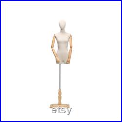 Female Display Dress Form With Wooden Hands, Half Body Women Torso Dress Form with Head, Window Display Store Model with Wooden Base Beige