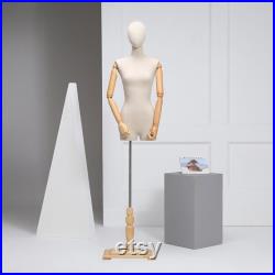 Female Display Dress Form With Wooden Hands, Half Body Women Torso Dress Form with Head, Window Display Store Model with Wooden Base Beige