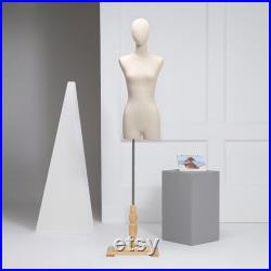 Female Display Dress Form With Wooden Hands, Half Body Women Torso Dress Form with Head, Window Display Store Model with Wooden Base Beige