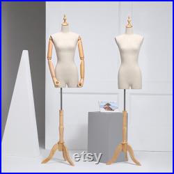 Female Display Dress Form With Wooden Hands, Half Body Women Torso Dress Form with Head, Window Display Store Model with Wooden Base Beige