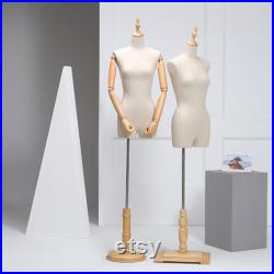 Female Display Dress Form With Wooden Hands, Half Body Women Torso Dress Form with Head, Window Display Store Model with Wooden Base Beige