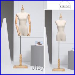 Female Display Dress Form With Wooden Hands, Half Body Women Torso Dress Form with Head, Window Display Store Model with Wooden Base Beige