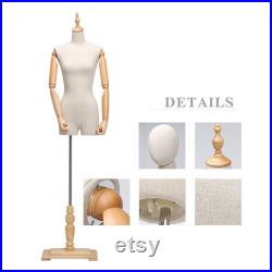 Female Display Dress Form With Wooden Hands, Half Body Women Torso Dress Form with Head, Window Display Store Model with Wooden Base Beige