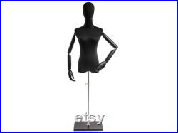Female Display Dress Form in Black Jersey on Modern Wood Flat Base by TSC (Arms and Head Edition)