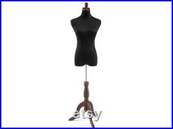 Female Display Dress Form in Black Jersey on Traditional Wood Tripod Base by TSC