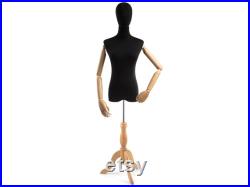 Female Display Dress Form in Black Jersey on Traditional Wood Tripod Base by TSC (Arms and Head Edition)