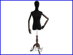 Female Display Dress Form in Black Jersey on Traditional Wood Tripod Base by TSC (Arms and Head Edition)