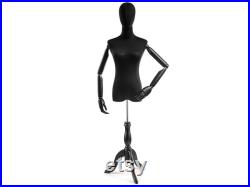 Female Display Dress Form in Black Jersey on Traditional Wood Tripod Base by TSC (Arms and Head Edition)