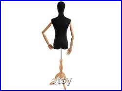 Female Display Dress Form in Black Jersey on Traditional Wood Tripod Base by TSC (Arms and Head Edition)