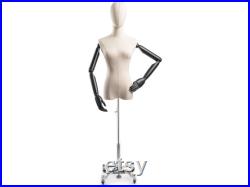 Female Display Dress Form in Natural Canvas on Heavy Duty Metal Rolling Base by TSC (Arms and Head Edition)