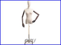 Female Display Dress Form in Natural Canvas on Heavy Duty Metal Rolling Base by TSC (Arms and Head Edition)