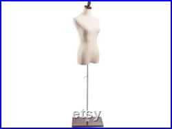 Female Display Dress Form in Natural Canvas on Modern Wood Flat Base by TSC
