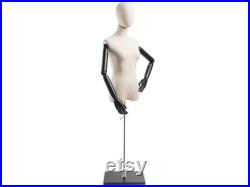 Female Display Dress Form in Natural Canvas on Modern Wood Flat Base by TSC (Arms and Head Edition)