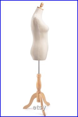 Female Display Dress Form in Natural Canvas on Traditional Wood Tripod Base by TSC