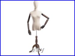 Female Display Dress Form in Natural Canvas on Traditional Wood Tripod Base by TSC (Arms and Head Edition)