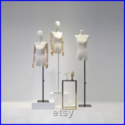 Female Half Body Fabric Mannequin,Adult Women Flat Shoulder Model Props with Flexible Wood Arms,Window Dress Form for Clothing Display