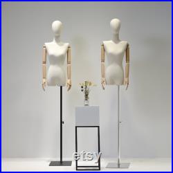 Female Half Body Fabric Mannequin,Adult Women Flat Shoulder Model Props with Flexible Wood Arms,Window Dress Form for Clothing Display