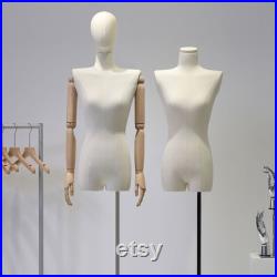 Female Half Body Fabric Mannequin,Adult Women Flat Shoulder Model Props with Flexible Wood Arms,Window Dress Form for Clothing Display