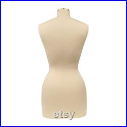 Female Headless Dress Form, Fiberglass Cotton Linen Fabric Sewing Mannequin with Golden Neck Cover and Golden Square Metal Base, No Logo