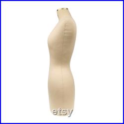 Female Headless Dress Form, Fiberglass Cotton Linen Fabric Sewing Mannequin with Golden Neck Cover and Golden Square Metal Base, No Logo