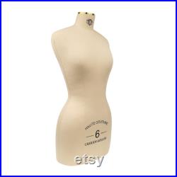 Female Headless Dress Form, Fiberglass Cotton Linen Fabric Sewing Mannequin with Golden Neck Cover and Golden Square Metal Base, No Logo