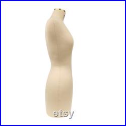 Female Headless Dress Form, Fiberglass Cotton Linen Fabric Sewing Mannequin with Golden Neck Cover and Golden Square Metal Base, No Logo