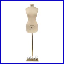 Female Headless Dress Form, Fiberglass Cotton Linen Fabric Sewing Mannequin with Golden Neck Cover and Golden Square Metal Base, No Logo