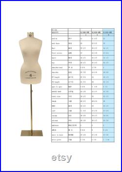 Female Headless Dress Form, Fiberglass Cotton Linen Fabric Sewing Mannequin with Golden Neck Cover and Golden Square Metal Base, No Logo