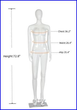 Female Mannequin Full Body with Head and Arm, Color, Shiny White, metal stand 72 inches tall, plastic, detachable parts