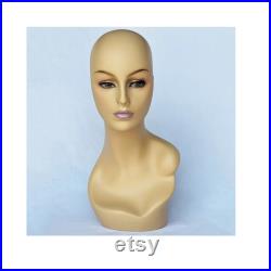 Female Mannequin Head Form with Pierced Ears, Realistic Makeup, False Eyelashes - Option Monogram
