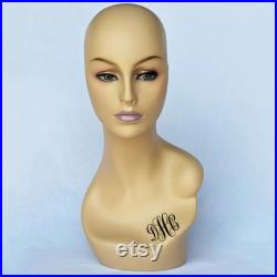 Female Mannequin Head Form with Pierced Ears, Realistic Makeup, False Eyelashes - Option Monogram