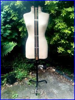 French Mannequin by Buste Girard Paris, On stand, Stamped linen, Size 38, Rare adjusting mechanism