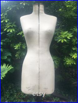 French Mannequin by Buste Girard Paris, On stand, Stamped linen, Size 38, Rare adjusting mechanism