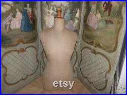 French antique mannequin dress form display wasp waist bust tailor's dummy dressform, wooden and linen display buste from France, size 44